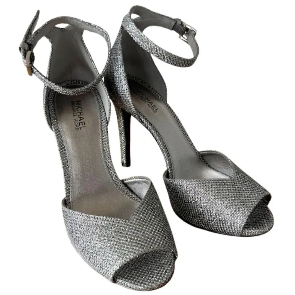 Michael Kors Womens Cambria‎ Glitter Metallic Silver Ankle Strap Sandals Sz 5.5M